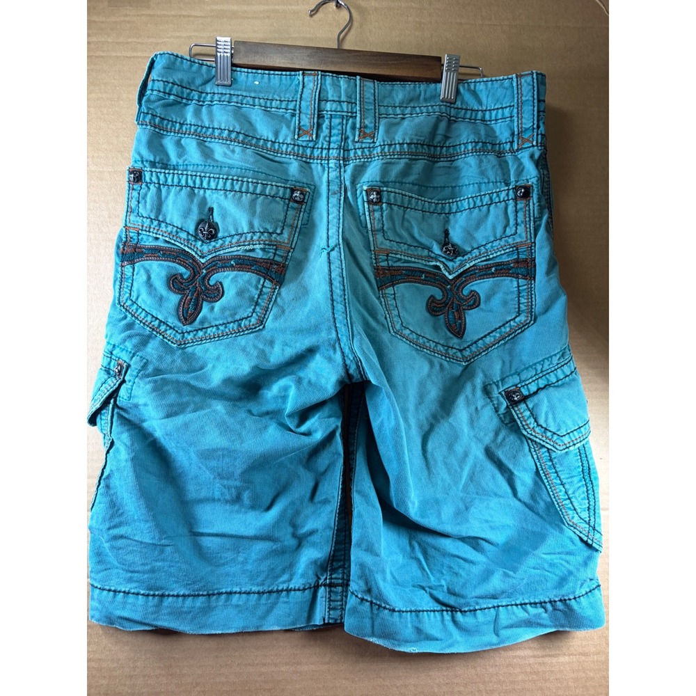 Rock Revival Cargo Shorts Mens 32 Pacific Blue Embroidered Pockets Cotton Relax